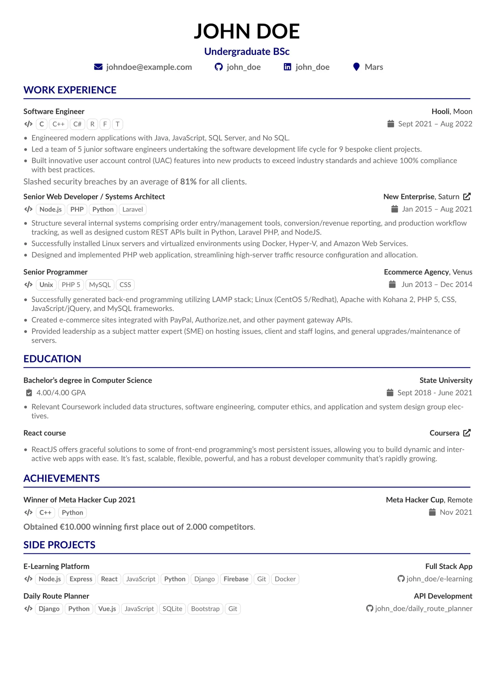 A one-page, one-column résumé produced with the techResume template.