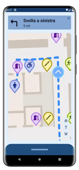 A Walk@mib phone screen showing a walking route on a campus floor plan.
